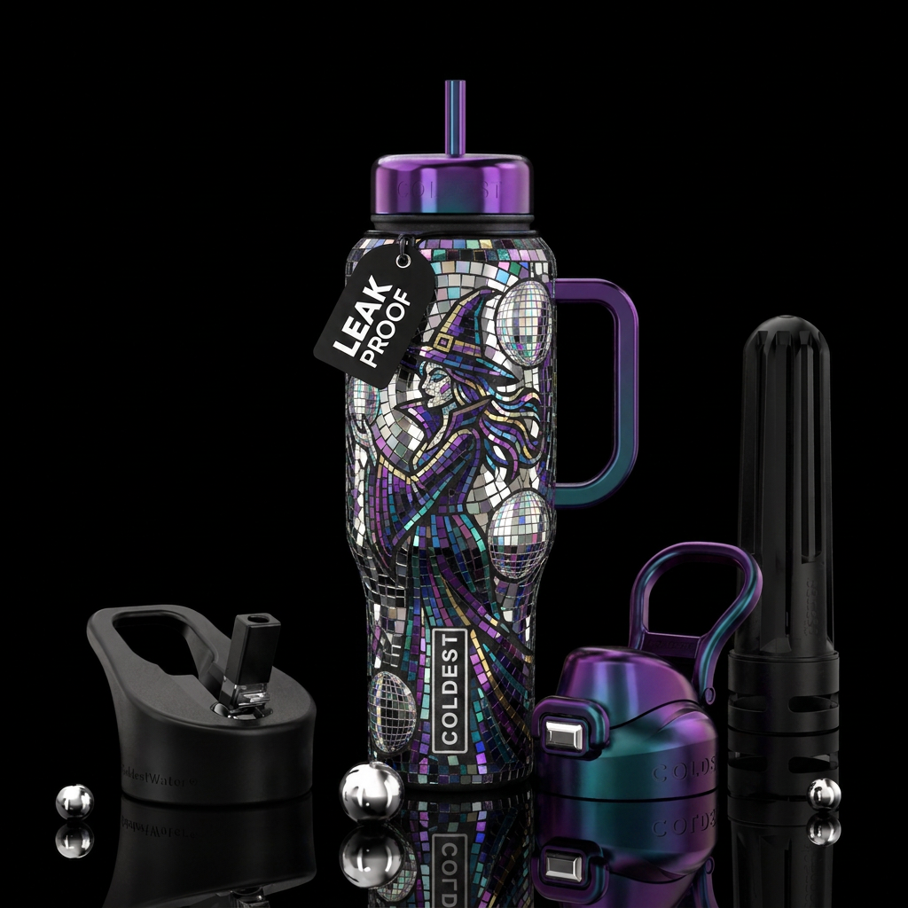 Disco ball mosaic witches water bottle design