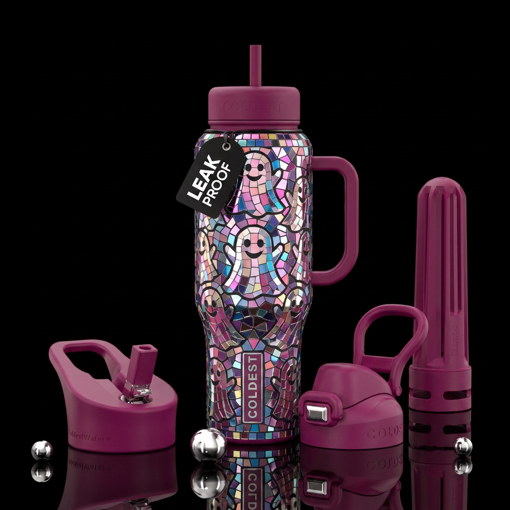 Disco ball mosaic ghosts water bottle design