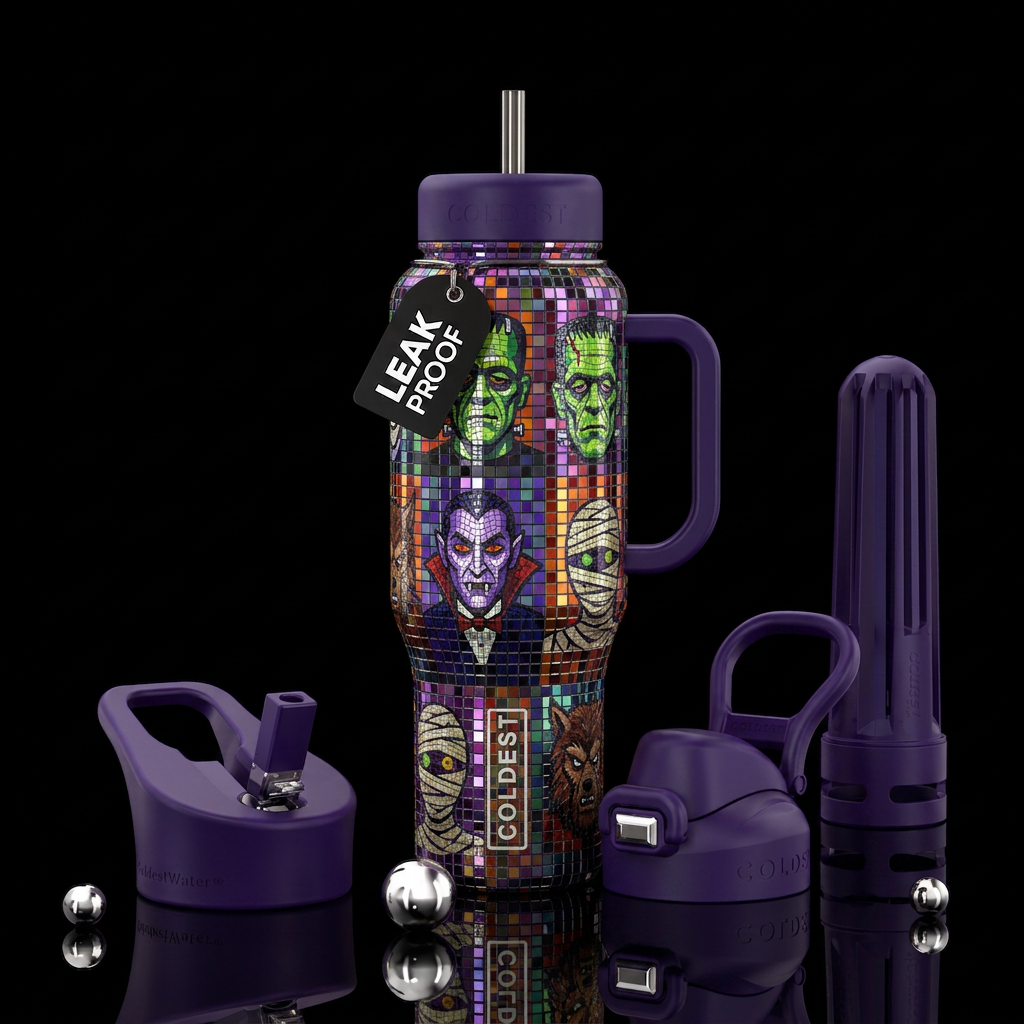 Disco ball mosaic halloween monsters water bottle design