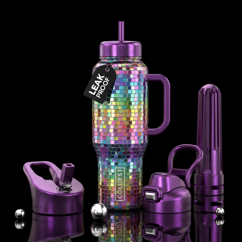Disco ball mosaic rainbows water bottle design