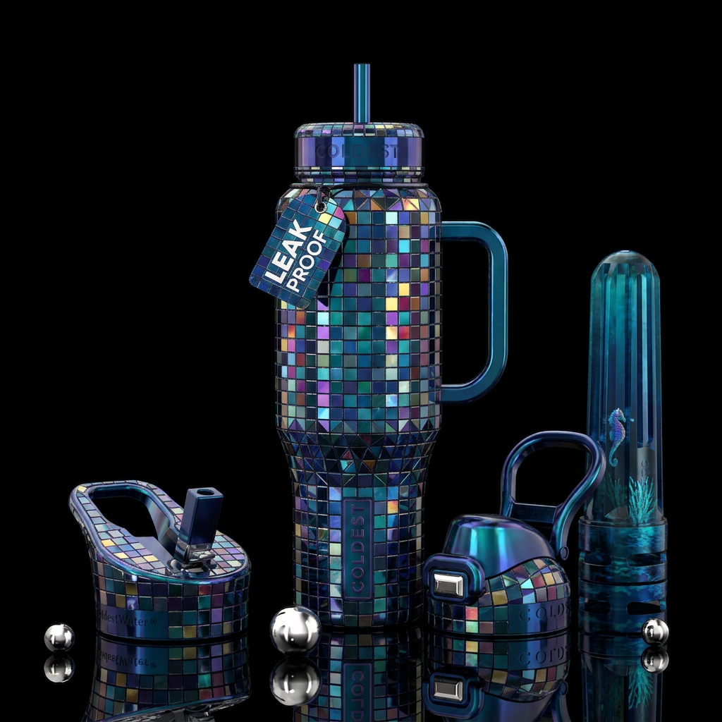 Disco ball mosaic deep sea water bottle design