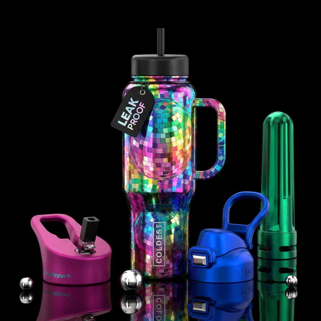 Disco ball mosaic kaleidoscope water bottle design