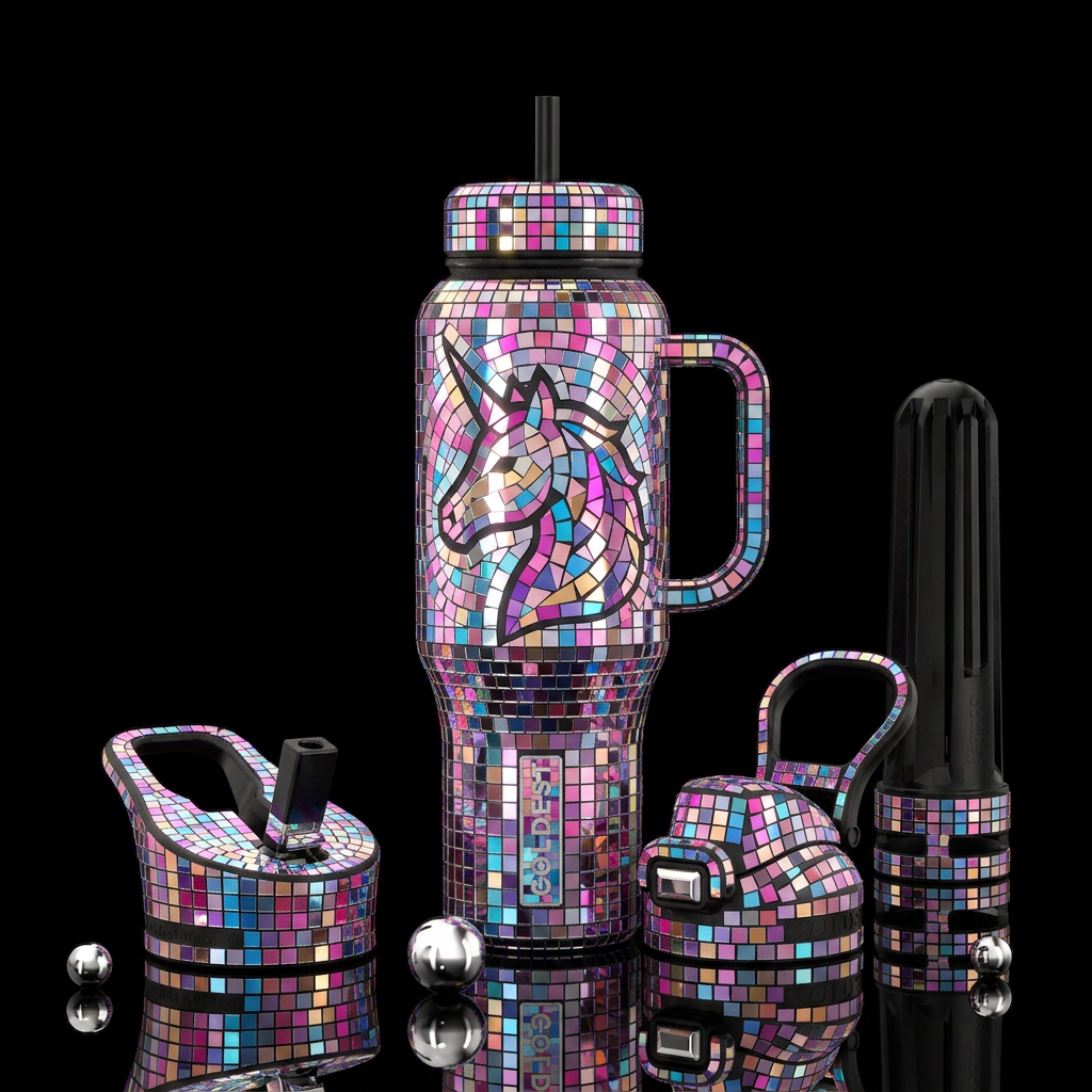 Disco ball mosaic unicorn water bottle design