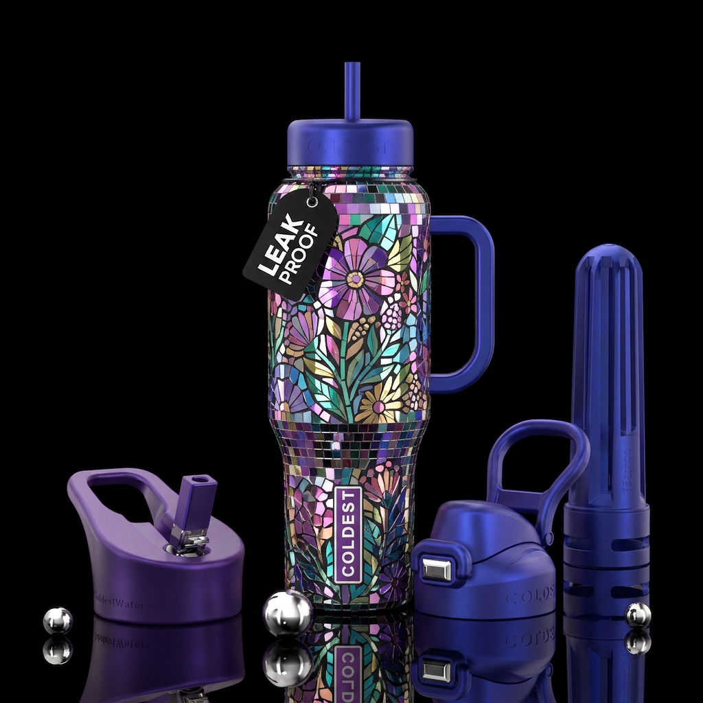 Mosaic disco ball wild flowers water bottle design