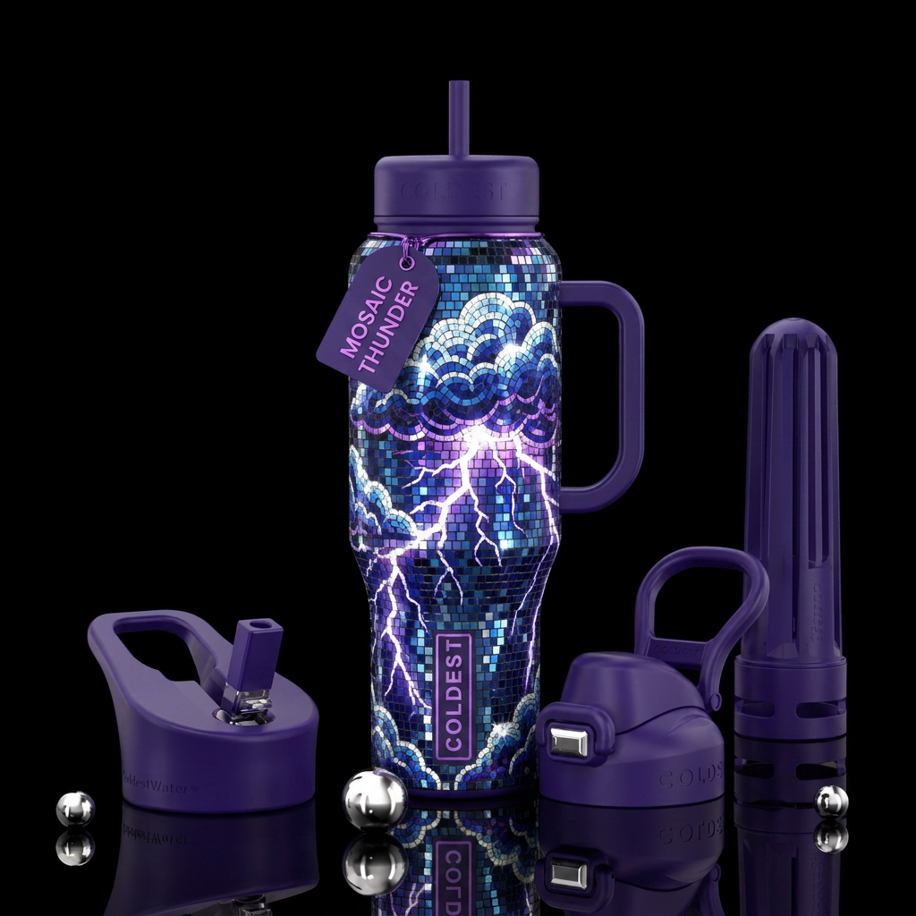 Mosaic disco ball thunder and lightning water bottle design