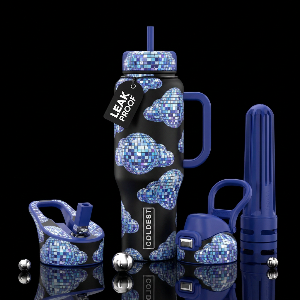 Mosaic disco ball clouds water bottle design