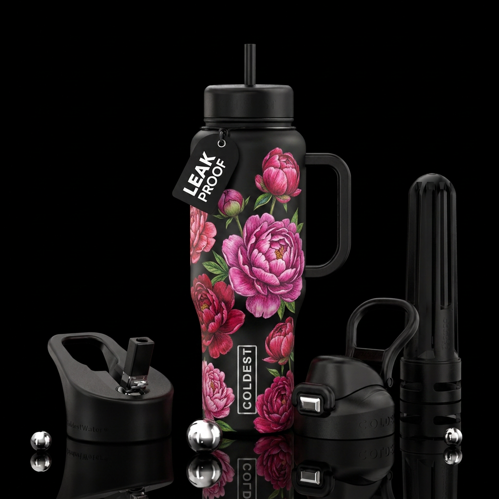realistic drawn peonies with texture water bottle design