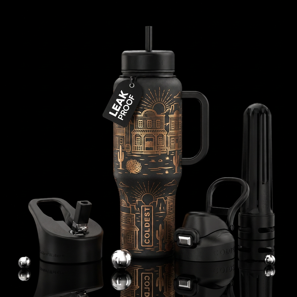 metalic etched western town tumble weeds water bottle design