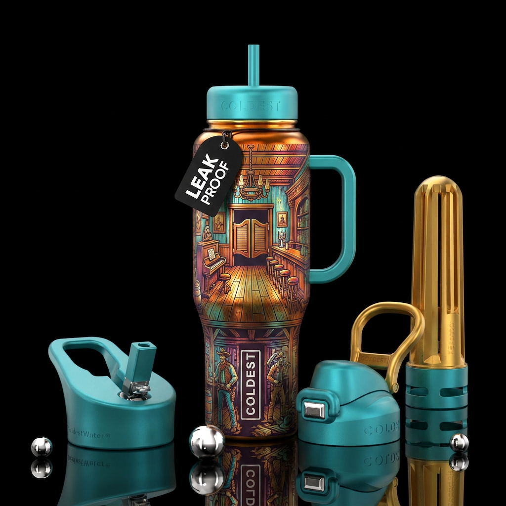 metalic etched western saloon water bottle design