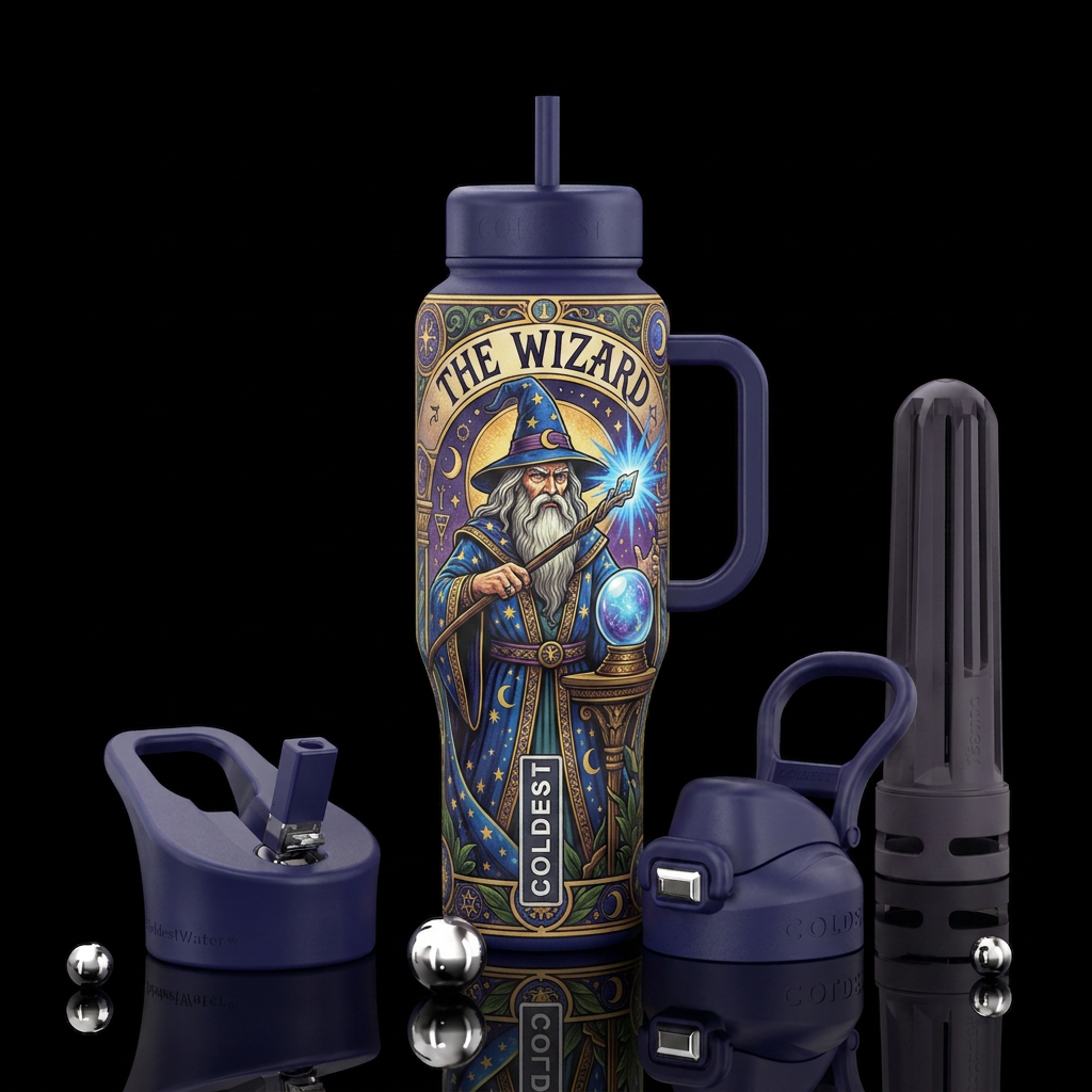 the wizard tarot card style water bottle design