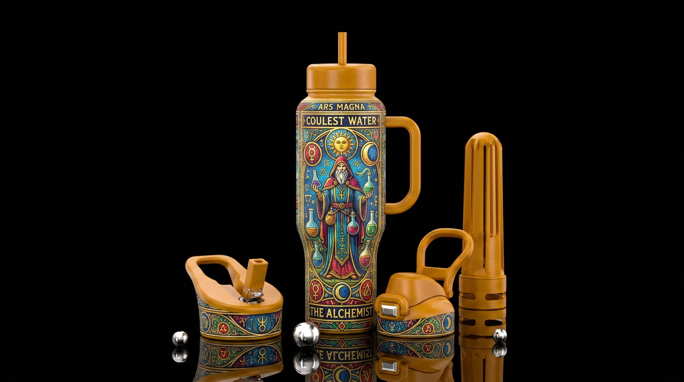 the alchemist tarot card style water bottle design