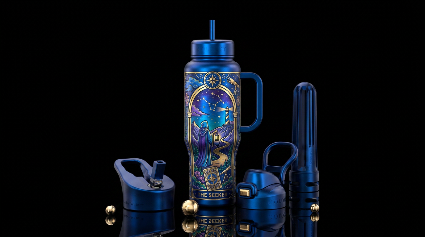 the seeker tarot card style water bottle design