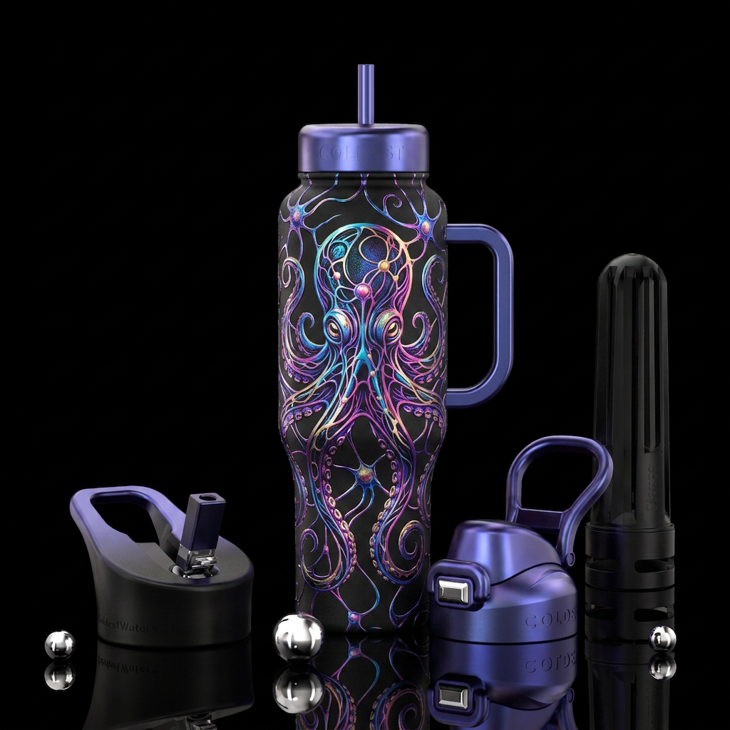 neurographic metallic octopus water bottle design