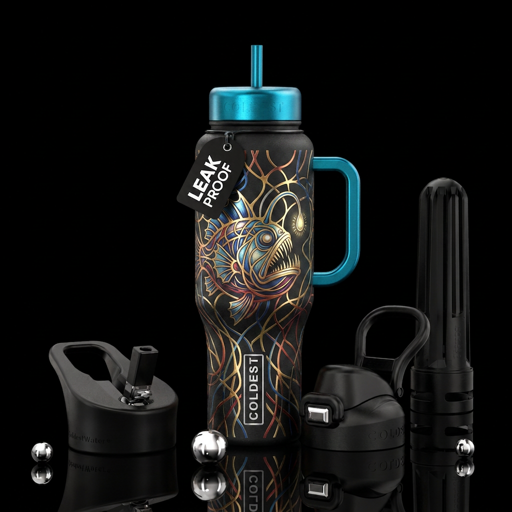 neurographic metallic angler fish water bottle design