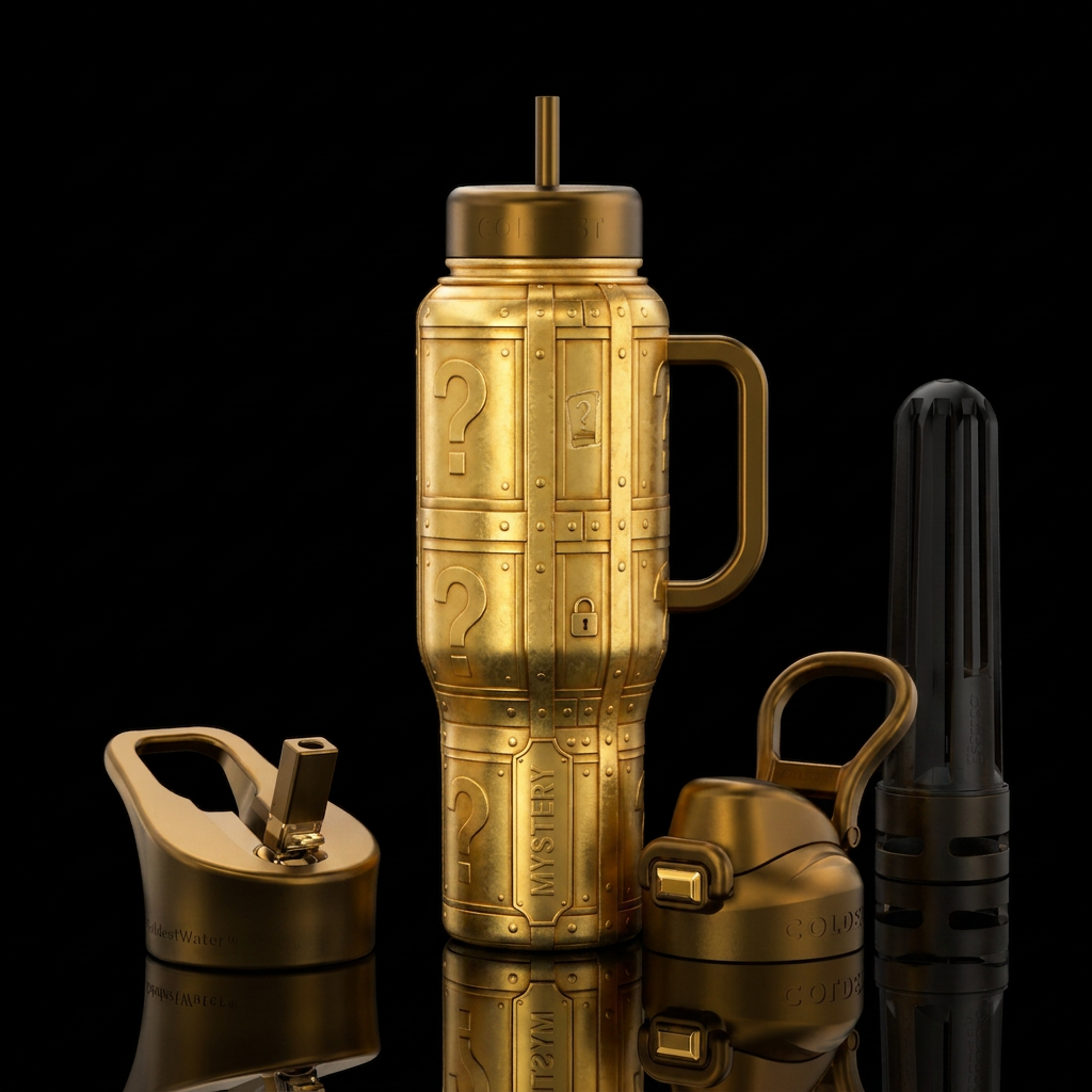 Golden mystery crate water bottle design