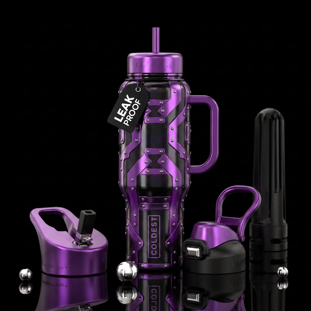 Metallic black and purple with rivets water bottle design