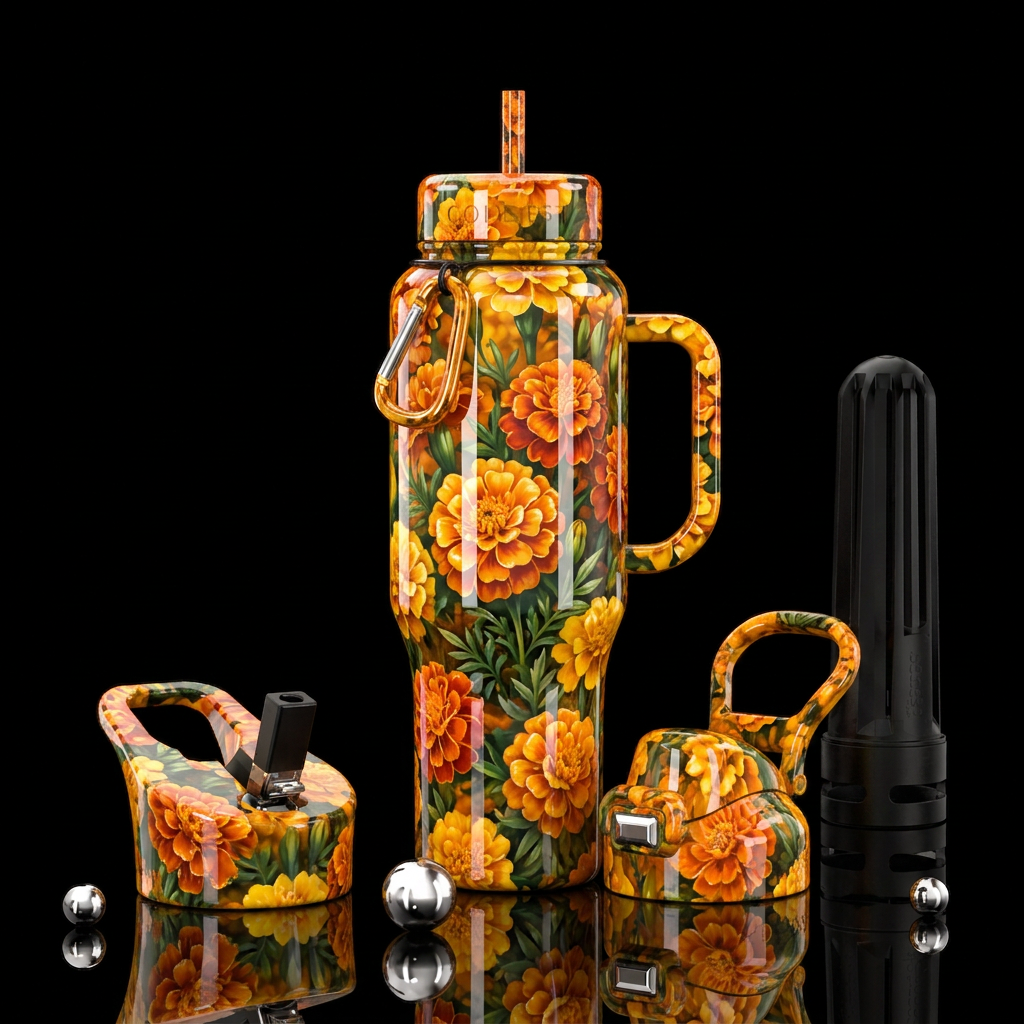 Glossy marigolds water bottle design
