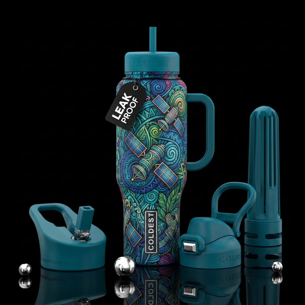 Matte textured zentangle satellites orbiting water bottle design