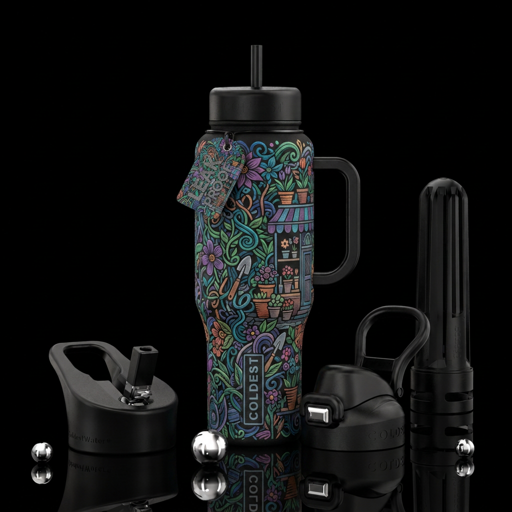 Matte textured zentangle florist shop water bottle design