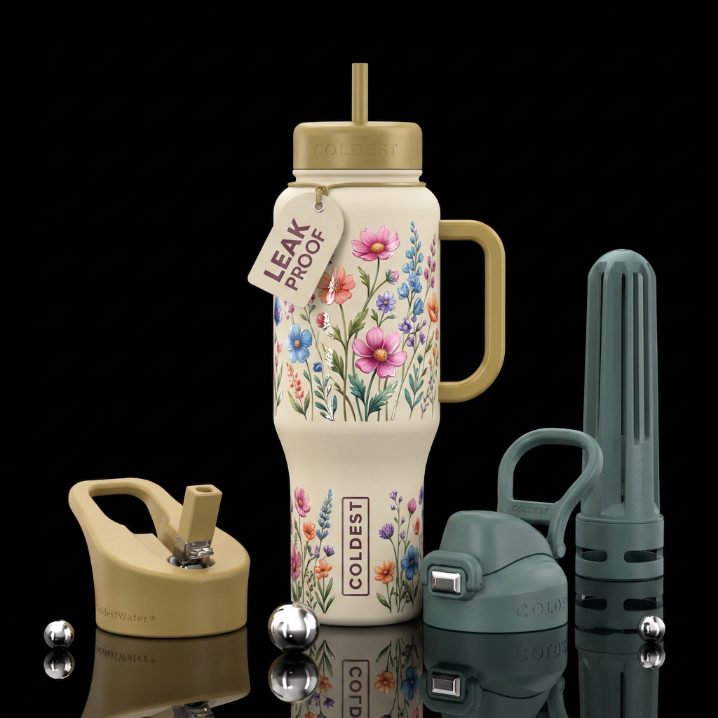 Flat matte ecru background with glossy wild flower... water bottle design