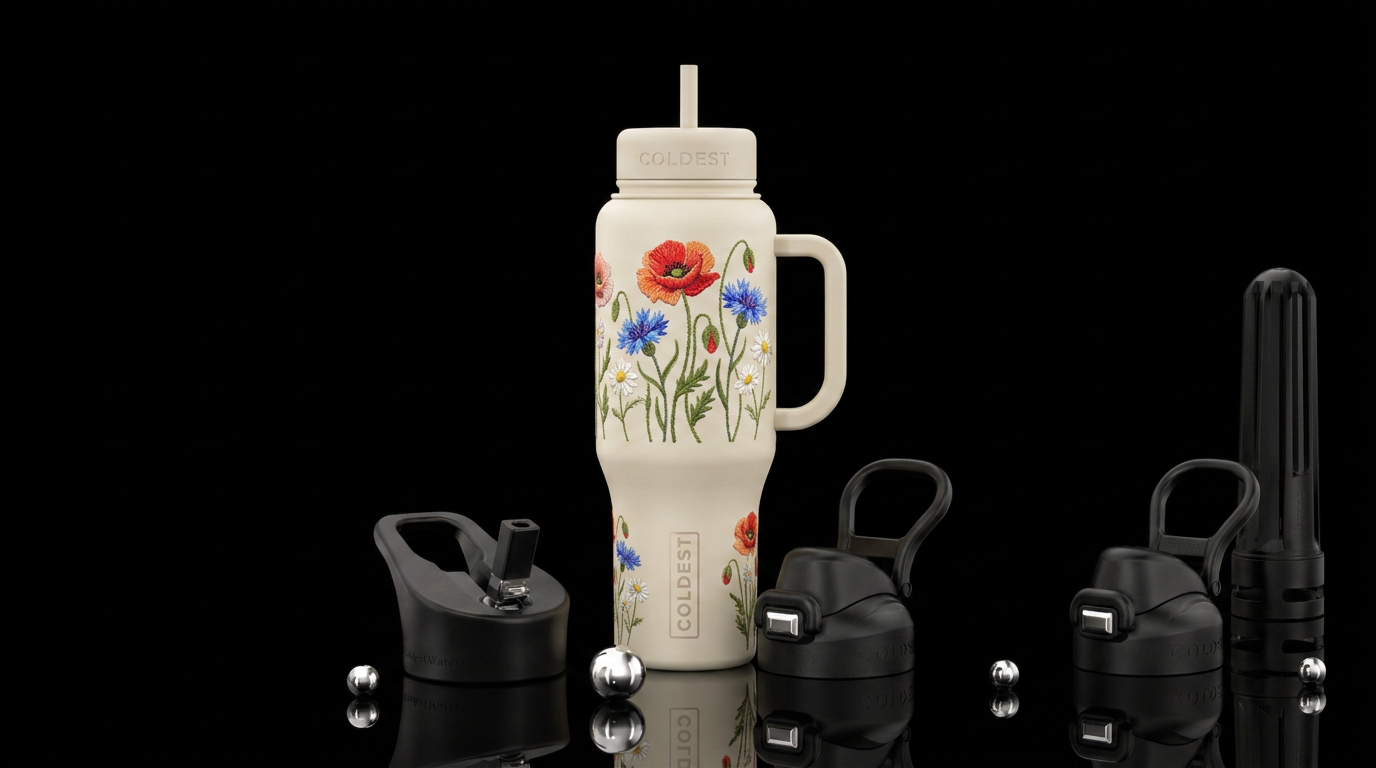 Flat matte ecru background with embroidered wild f... water bottle design