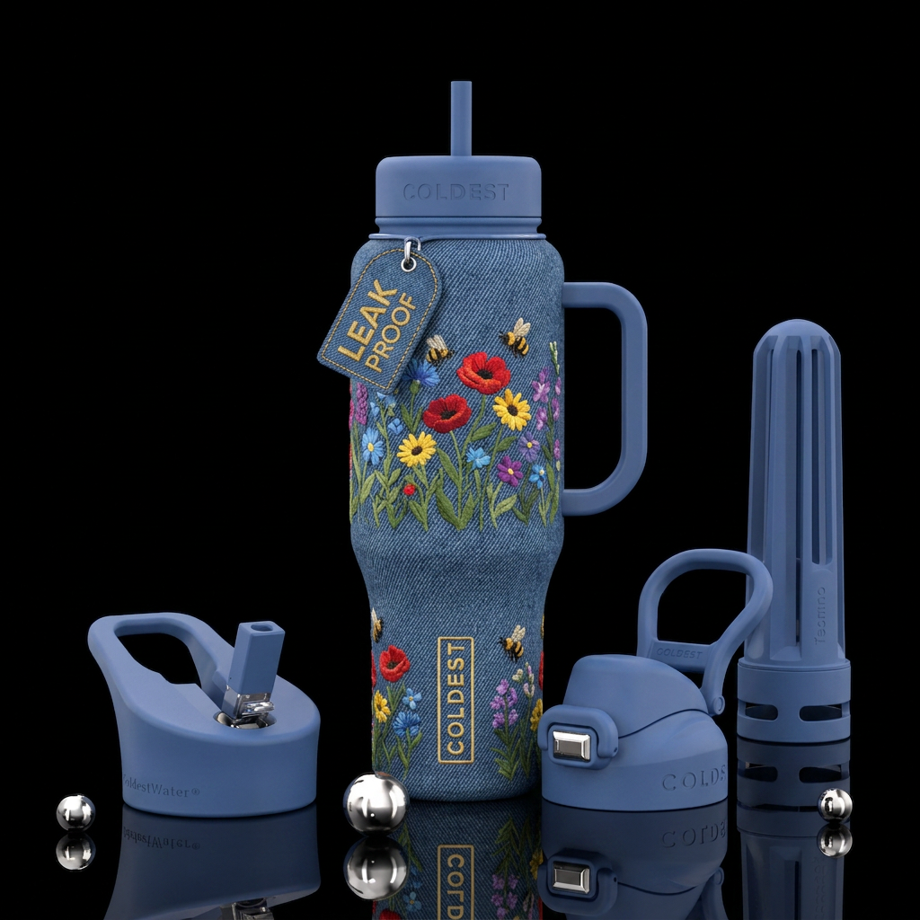 Blue jean background with embroidered wild flowers water bottle design