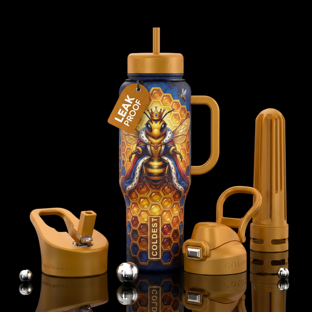 Anthropomorphic queen bea reigning over her honey ... water bottle design