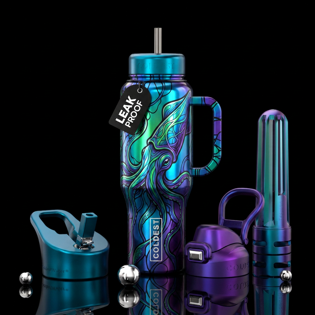 Glossy metallic neurographic squid water bottle design