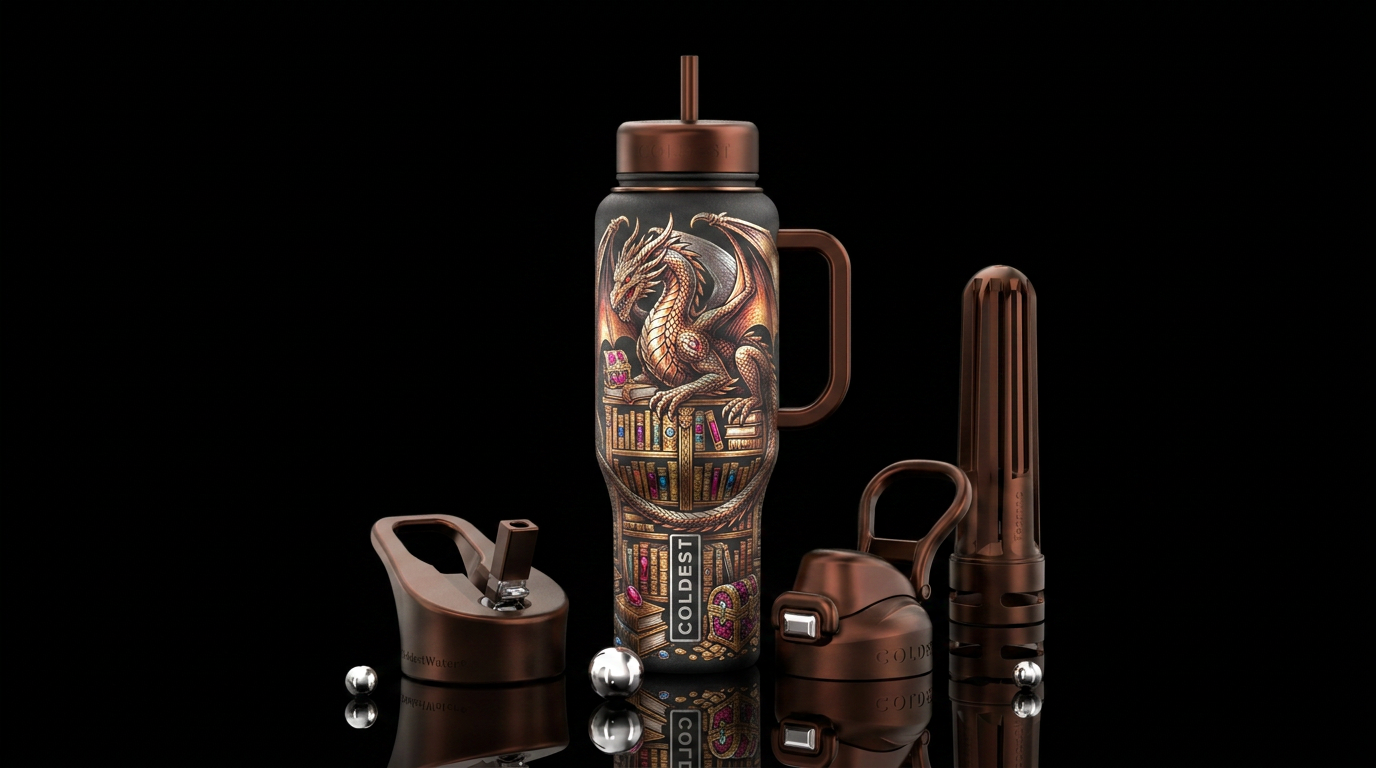 Metallic etched dragon guarding her hoard of books water bottle design