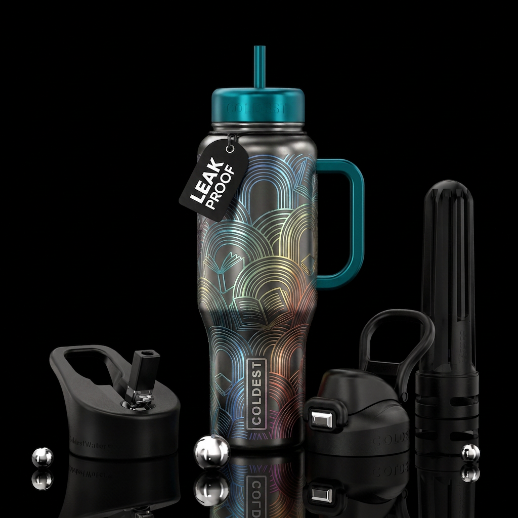 Metallic etched reading rainbow water bottle design