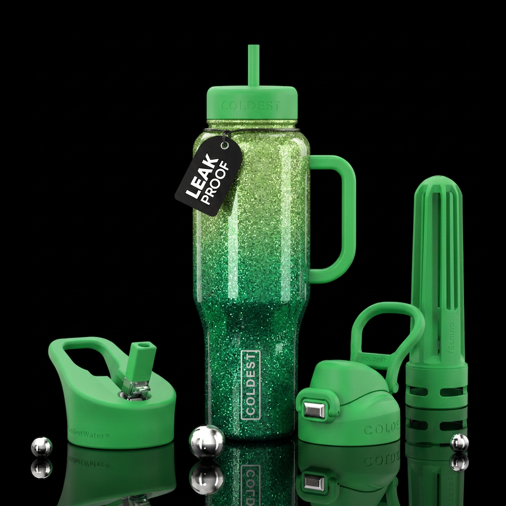 Glittery green hombre glossy water bottle design