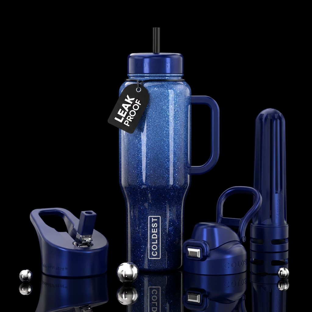 Glittey midnight blue hombre glossy water bottle design