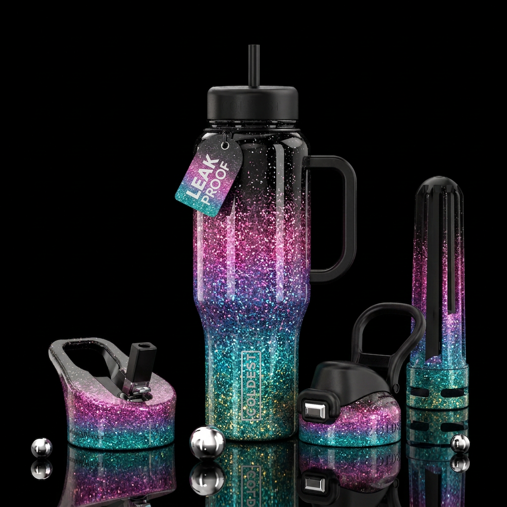 Glittery ombre Glossy black water bottle design