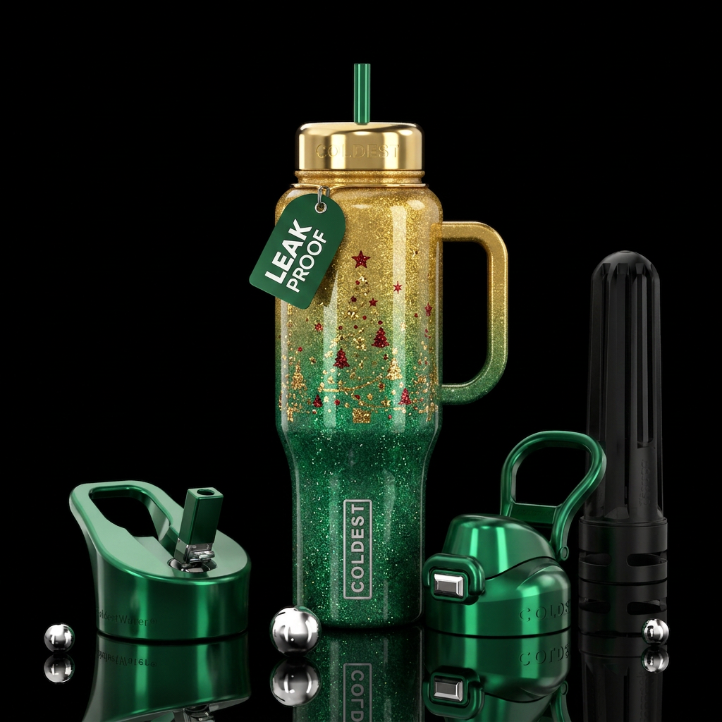 Glittery ombre Glossy christmas tree water bottle design
