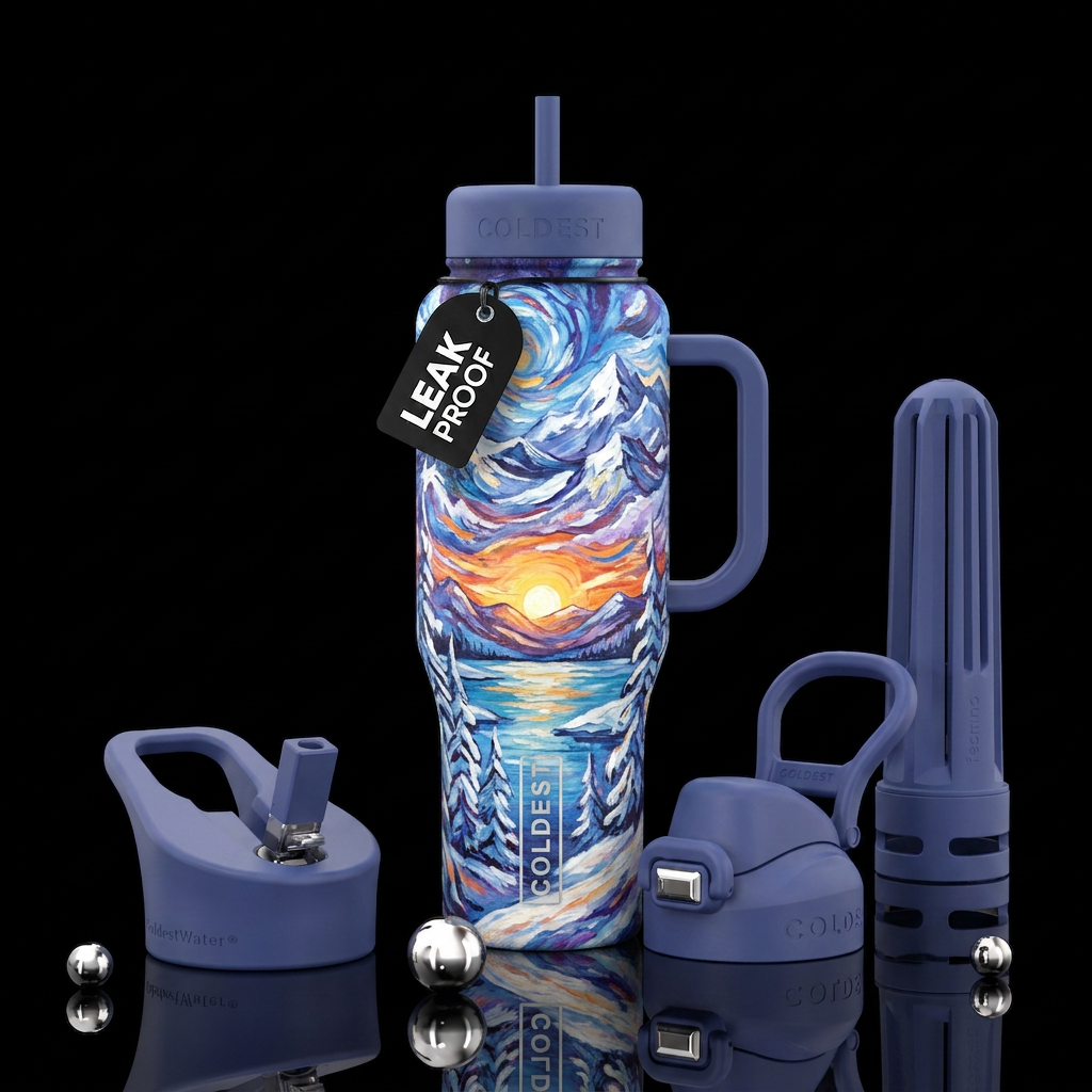 winter landscape expressionist style water bottle design