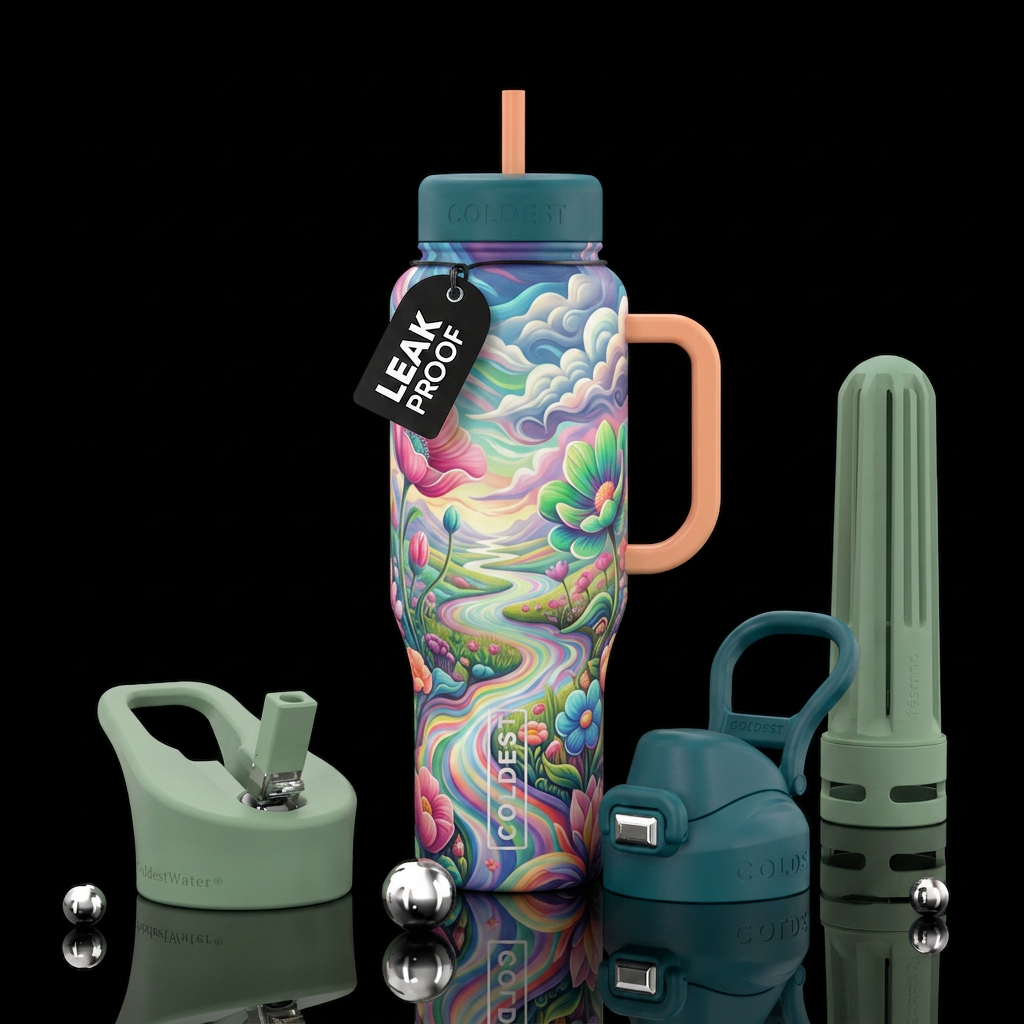 spring landscape surrealist style water bottle design