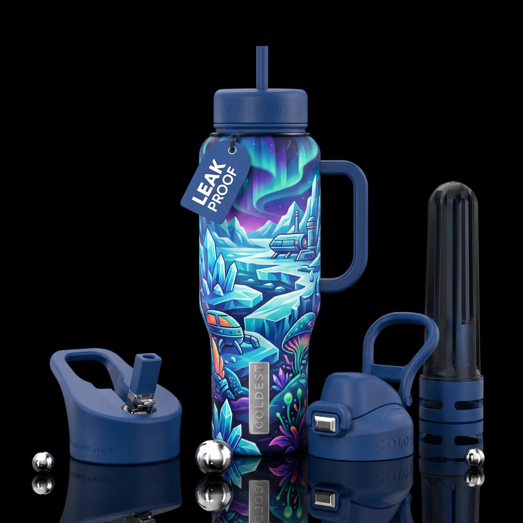 arctic landscape futurism style water bottle design