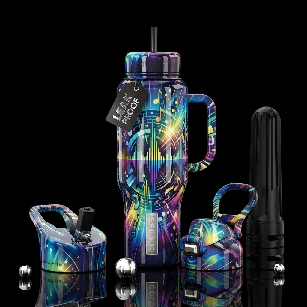 Abstract rendition of joyful noise glossy water bottle design