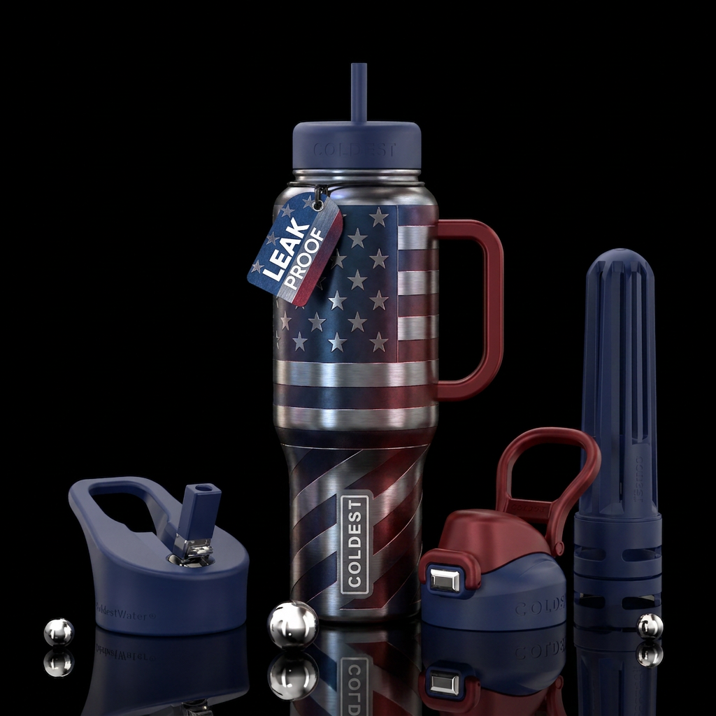 Metallic etched textured stars and stripes water bottle design