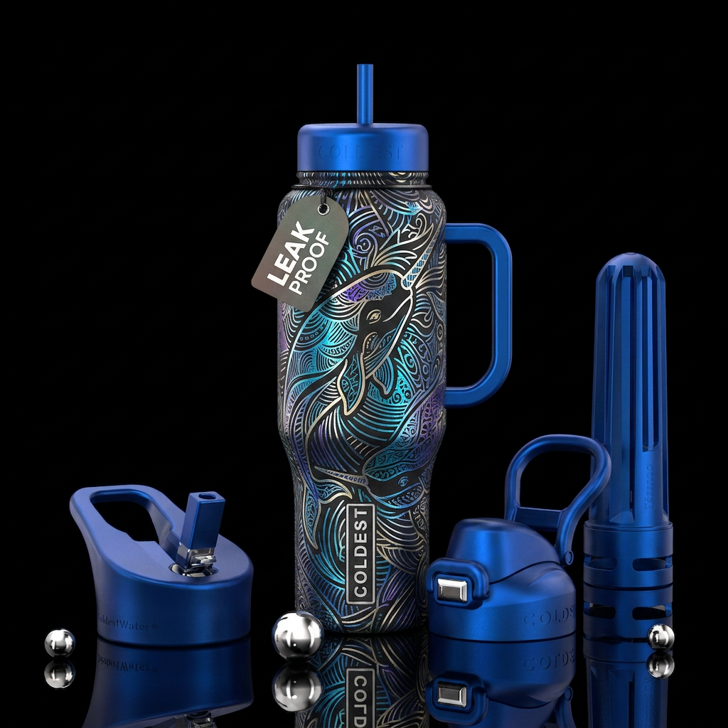 metallic textured abstract representation of narwh... water bottle design