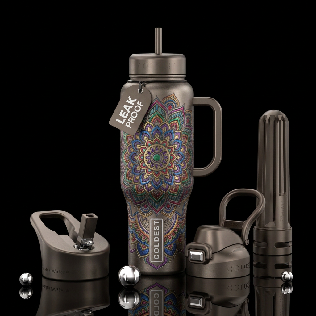 Metallic muted shade textured mandala water bottle design