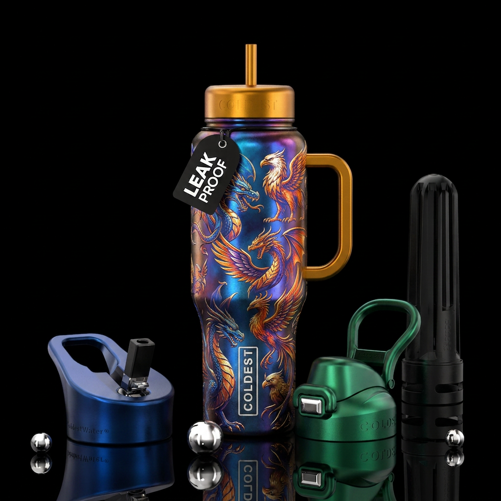 metallic etched mythical magical creatures water bottle design