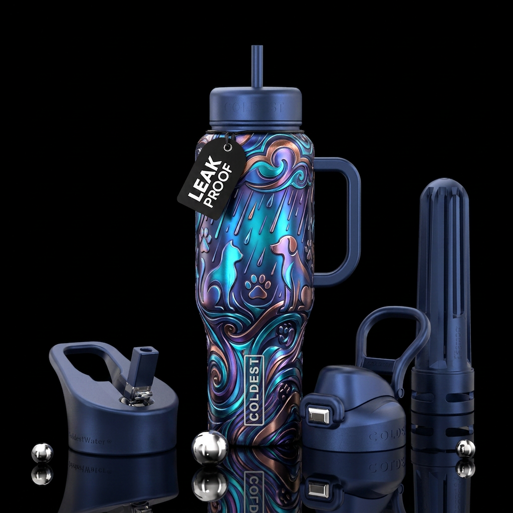 Metallic abstract representation of raining cats a... water bottle design