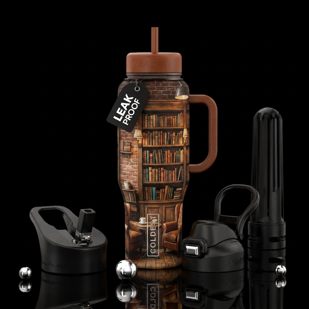 cozy book store coffee shop water bottle design
