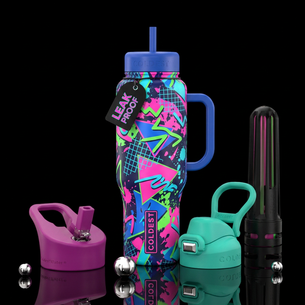 1980s mall aesthetic water bottle design