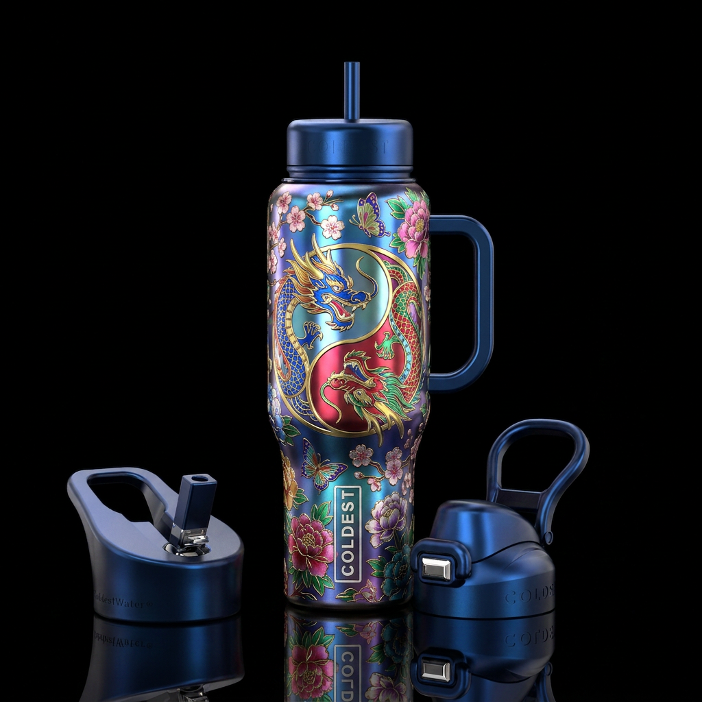 Metallic 2 dragons creating a yin yang symbol with... water bottle design