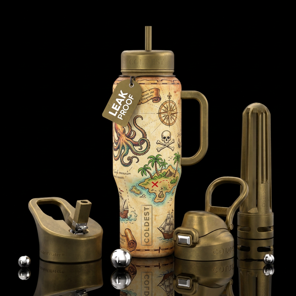 Matte textured pirate treasure map water bottle design