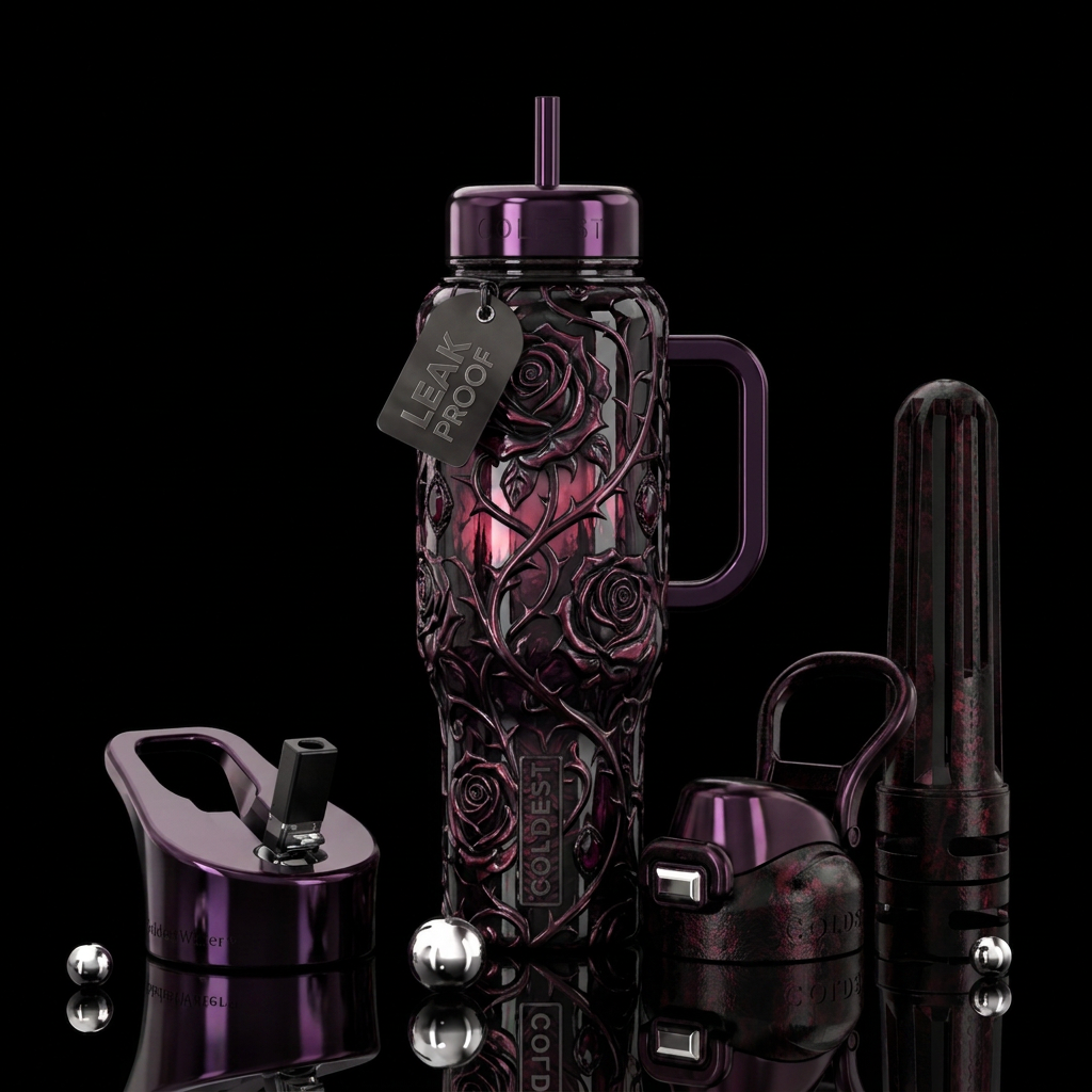 Dark romantasy glossy textured water bottle design