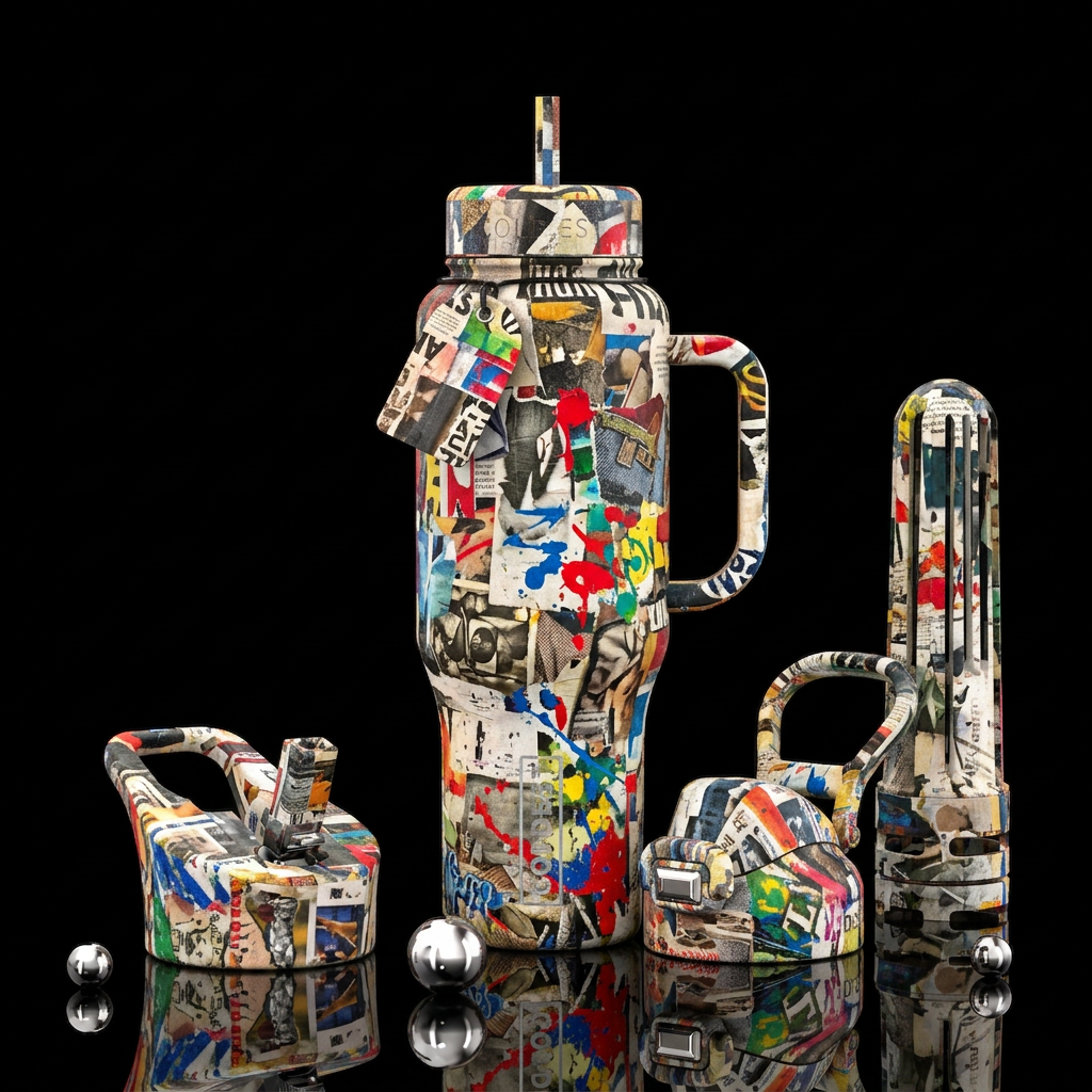 Robert Rauschenberg style collage anarchy water bottle design