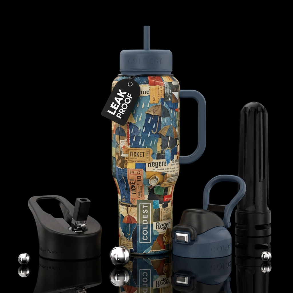 Kurt Schwitters style collage rainy day water bottle design